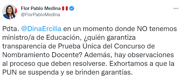 Congresista Flor Pablo se suma al pedido de suspensión de la prueba de Nombramiento Docente